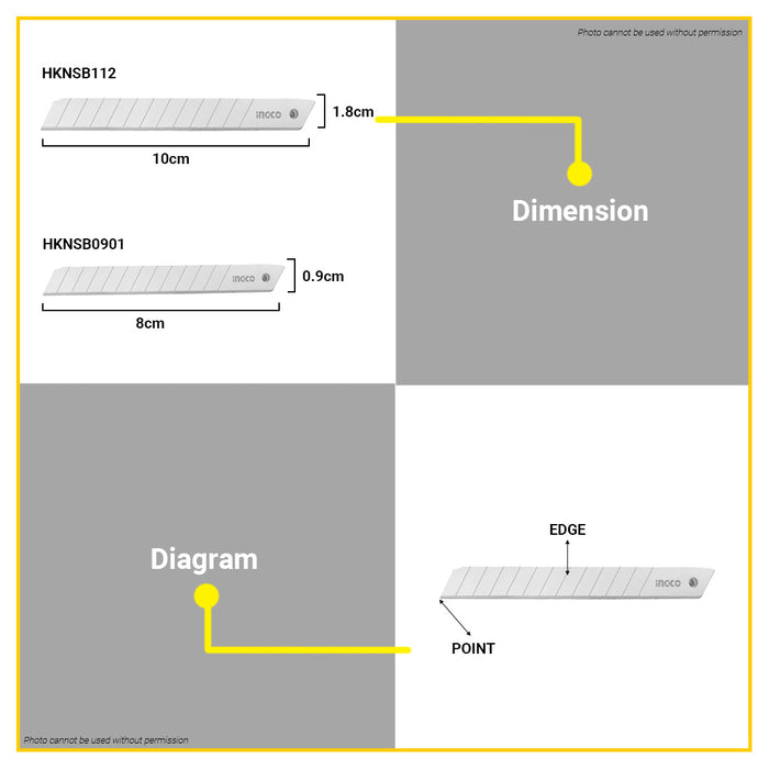 BUILDMATE Ingco 10pcs Knife Blades Set 9x80mm / 18x100mm Cutter Blade Knife Replacement Blades Standard Blades Utility Knife Blade - IHT