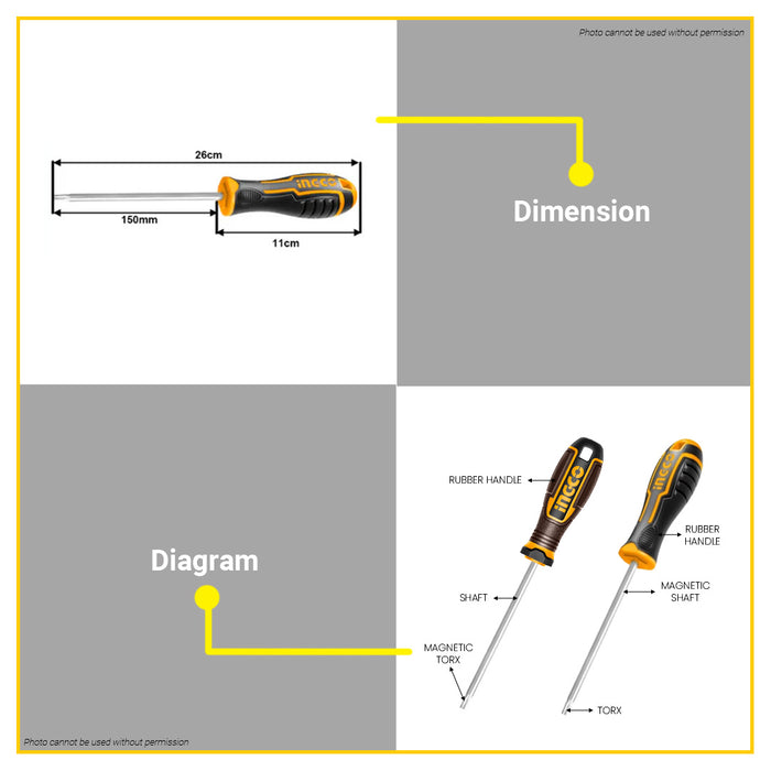 BUILDMATE Ingco Torx Screwdriver T20x150mm Cr-V Star Screwdrivers Hand Tools SOLD PER PIECE  HS28T20150 / HSDST20150 - IHT