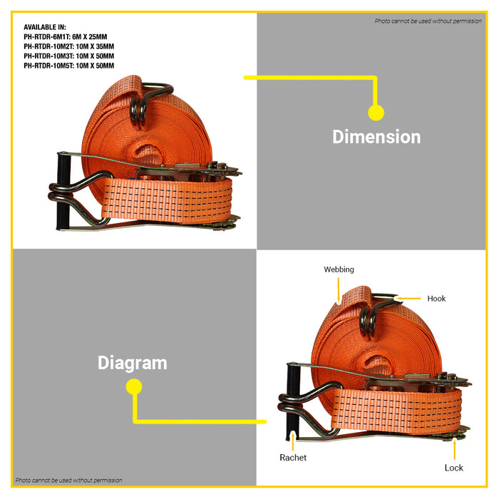 BUILDMATE Powerhouse Ratchet Tie Down Straps 1T - 5T Heavy Duty Adjustable Tie Down Cargo Load Securing Belt Luggage Straps Tow Rope Safety Lock - PHHT