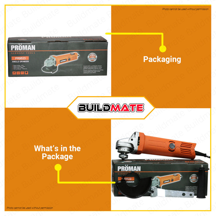 BUILDMATE Proman German Electric Angle Grinder 800W 100mm WITH BOX | WITHOUT BOX Electric Grinder Cutting Machine Grinding Wheels Quick Release For Cutting Wood, Metal, Stainless Steel Cutter Grinding Polishing Grinding PR9523