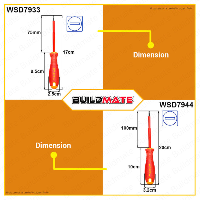 BUILDMATE Wadfow Insulated Screwdriver 80MM - 150MM [SOLD PER PIECE] Flat & Philip Screwdriver Round Shank & Flathead Slotted Crosshead Screw Driver Repair Tool Kit Hand Tool • WHT