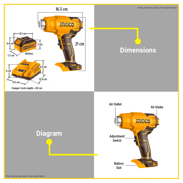 BUILDMATE Ingco Heat Gun Combo Kit 2000W Corded and 20V Lithium-Ion Cordless Hot Air Blower Shrink Gun Sealer Power Tools COSLI240201 - ICPT