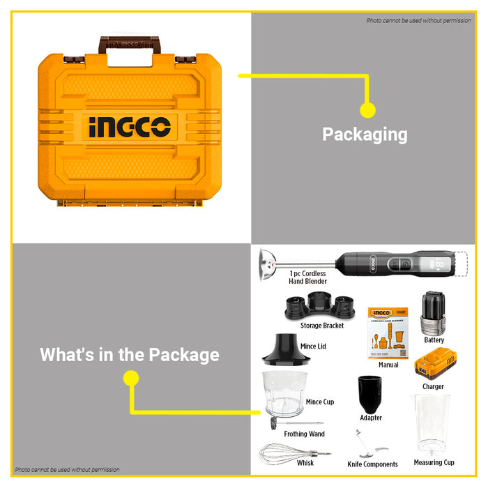 BUILDMATE Ingco Lithium-Ion 16V Cordless Hand Blender 100W Rechargeable 5-Speed Handheld Stick Immersion Blender - ICPT