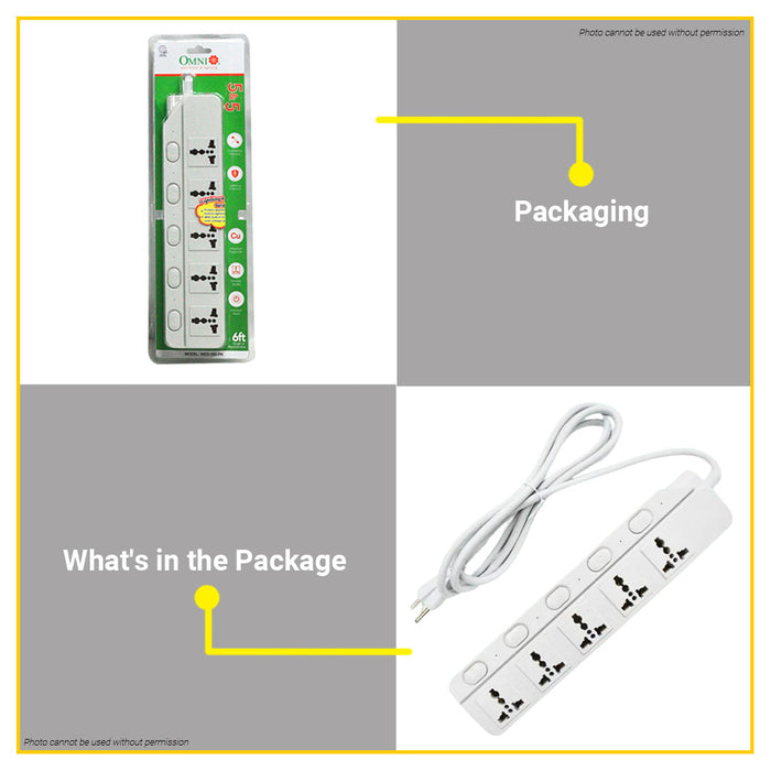 BUILDMATE Omni Extension Cord Set with Individual Switch 10A 250V 5 Gang Universal Outlet Power Strip WED-350-PK