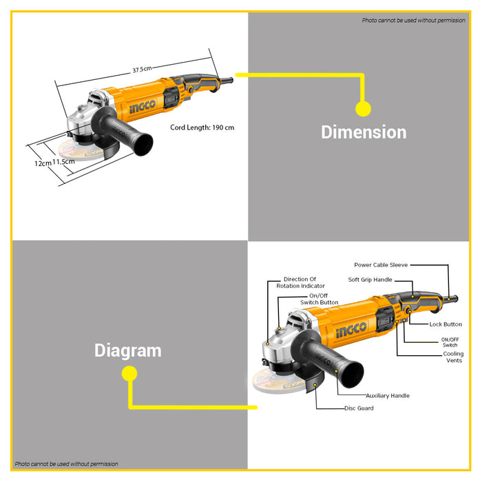 BUILDMATE Ingco Angle Grinder 1010W / 1100W Electric Grinding Machine for Wood, Metal, Stainless Steel Polishing AG101087 / AG1100382 / AG110018 / AG11003857 - IPT