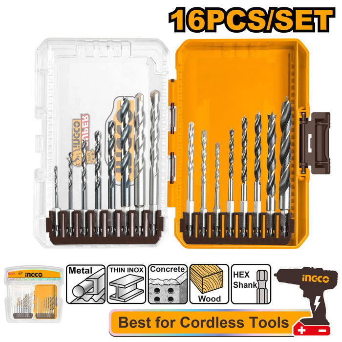 INGCO 16pcs Metal Multifunction Drill & Wood Drill Bits Set AKDL11606 IHT - BUILDMATE