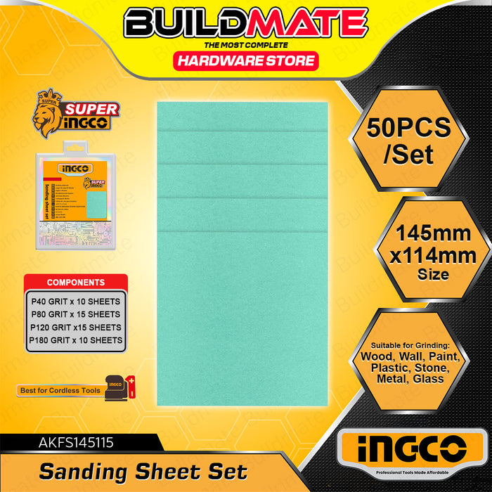 BUILDMATE Ingco 50pcs Sanding Sheet Set 145x114mm Abrasive Finishing Sandpaper Polishing and Grinding Sheet Kit AKFS145115 - IHT