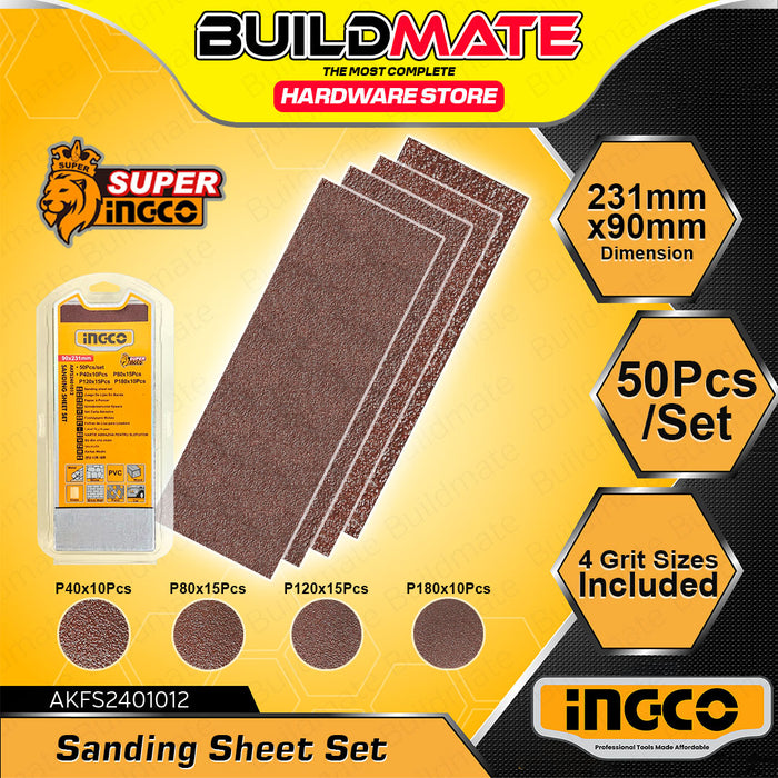 BUILDMATE Ingco 50pcs Sanding Sheet Set P40-P180 Abrasive Finishing Sandpaper Polishing Sheet Sanding Pad SOLD PER SET - IHT