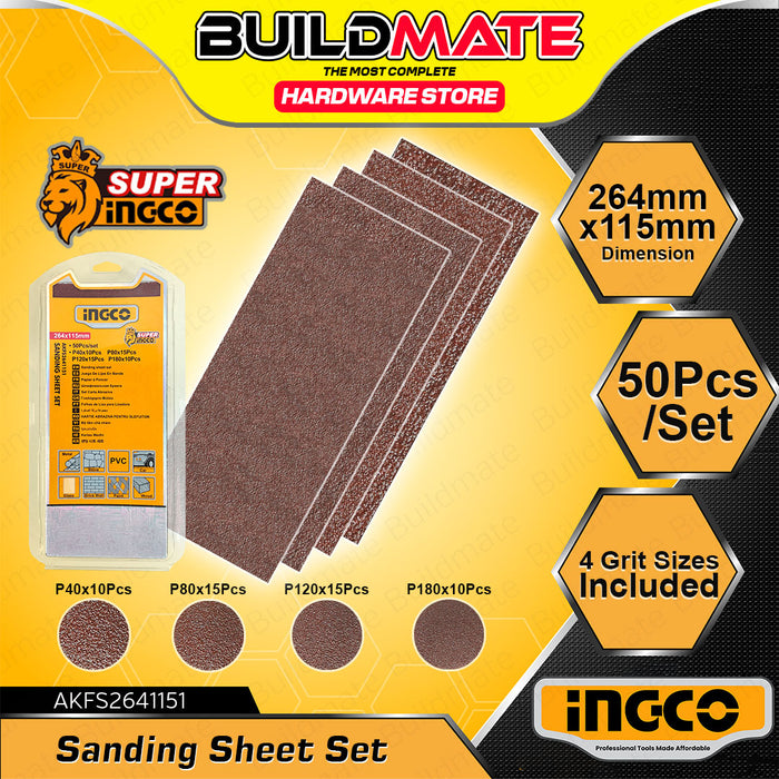 BUILDMATE Ingco 50pcs Sanding Sheet Set P40-P180 Abrasive Finishing Sandpaper Polishing Sheet Sanding Pad SOLD PER SET - IHT