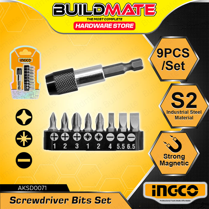 BUILDMATE Ingco 9pcs Screwdriver Bits Set S2 Industrial Steel Magnetic Interchangeable Driver Bits Attachment Set AKSD0071 - IHT