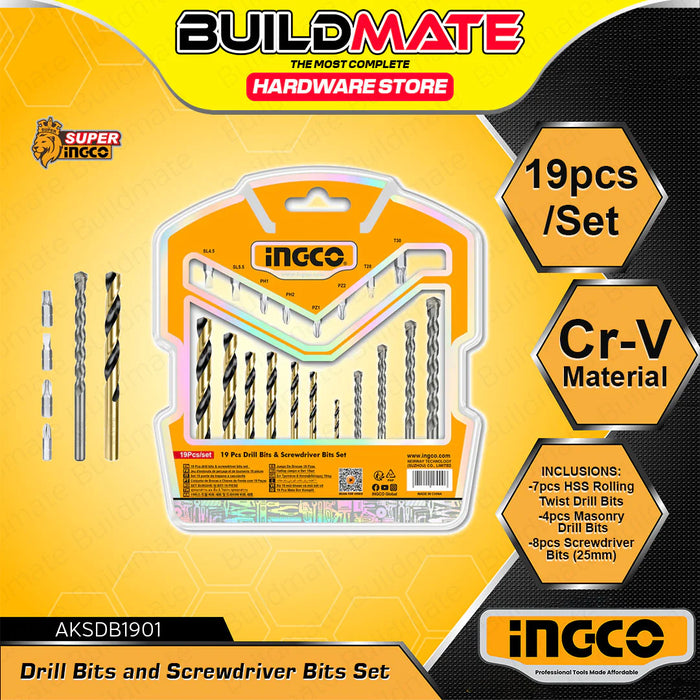 BUILDMATE Ingco 16pcs / 19pcs Drill Bits & Screwdriver Bits Set DIY Tool Bit Assortment Kit AKSDB9165 / AKSDB1901 - IHT