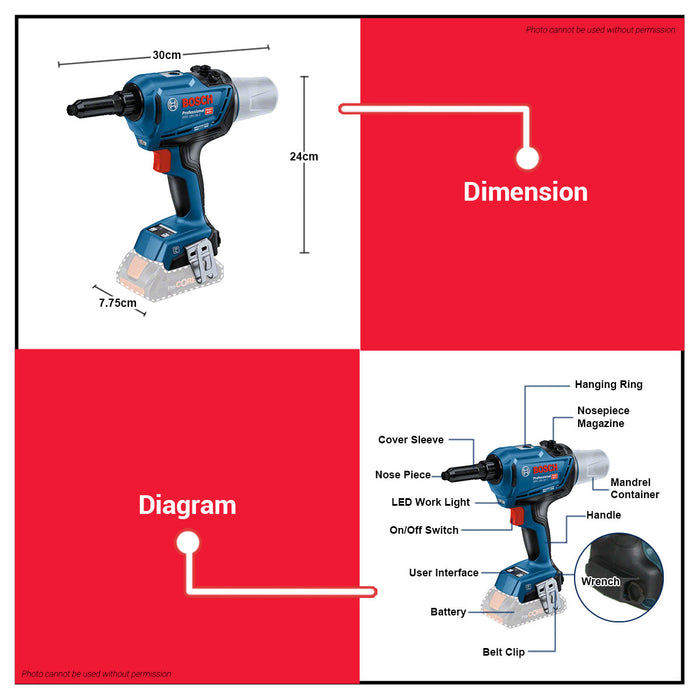 BUILDMATE Bosch Cordless Rivet Gun 18V Riveting Rivet Riveter Tool Brushless Fastener Gun Handheld Riveting Tool Automotive Riveter Cordless Rivet Nut Guns Drill GRG18V-16C 06019K5080 • BLC