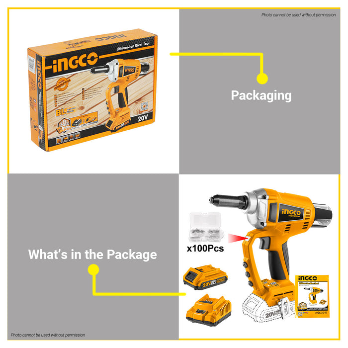BUILDMATE Ingco 20V Lithium-Ion Brushless Cordless Rivet Tool 20kN Rechargeable Riveting Gun Fastening Power Tool - ICPT