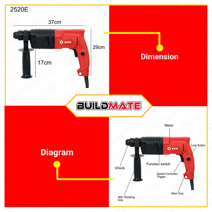 BUILDMATE Ken Industrial Heavy Duty Rotary Hammer Drill 20mm 500W Electric Hammer Concrete Breaker Drill Chipping Gun Drill Chipping Hammer Electric Drill Engraver 2520E •