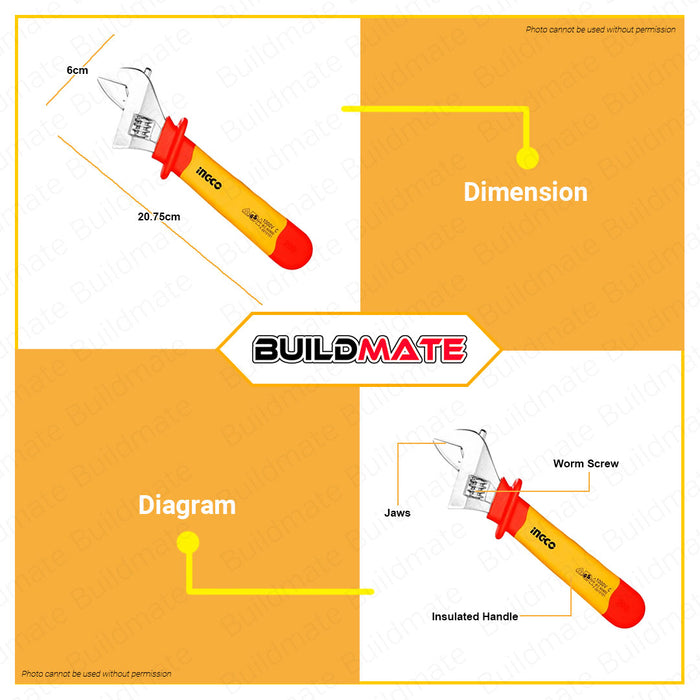 INGCO 8" Insulated Ratchet Wrench Protection Adjustable Electrician Wrench 1000V Industrial VDE Certification HIADW081 •BUILDMATE• IHT