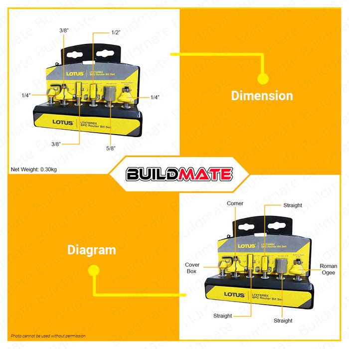 LOTUS 6PCS/SET 1/4" Router Bit Set LTXT6RBX •BUILDMATE• LPA