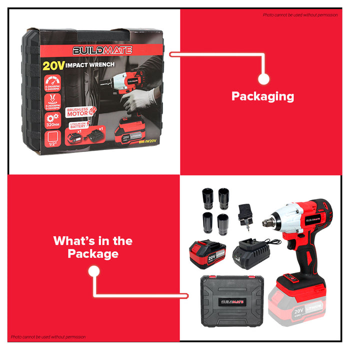 BUNDLE DEALS BUILDMATE 20V Brushless Impact Wrench w/ Lithium-ion Battery and Charger | Extra Battery 4.0Ah for Cordless Impact Wrench - BM-IW20V BM-4.0AH