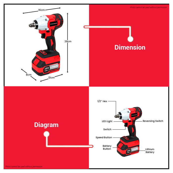 BUNDLE DEALS BUILDMATE 20V Brushless Impact Wrench w/ Lithium-ion Battery and Charger | Extra Battery 4.0Ah for Cordless Impact Wrench - BM-IW20V BM-4.0AH