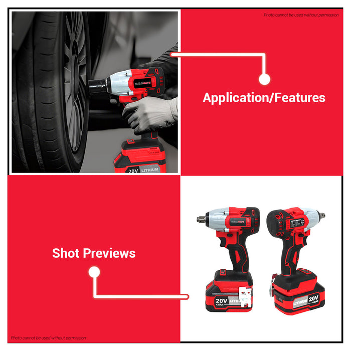 BUNDLE DEALS BUILDMATE 20V Brushless Impact Wrench w/ Lithium-ion Battery and Charger | Extra Battery 4.0Ah for Cordless Impact Wrench - BM-IW20V BM-4.0AH