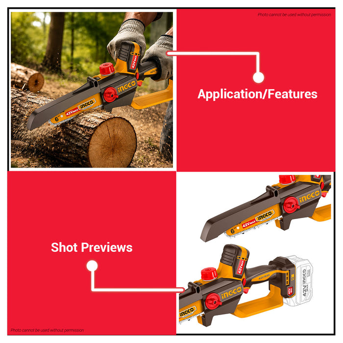 Buildmate x INGCO 42V Cordless Brushless Pruner Saw 6" Mini Chainsaw Electric Chain Saw Kit CGSLI42681 IPT