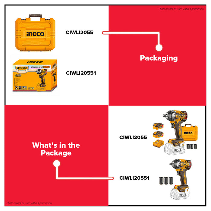 Buildmate x INGCO SOLO &amp; KIT W/ Battery 20V Brushless AI Cordless Impact Wrench 1/2in 550Nm Heavy Duty CIWLI2055 CIWLI20551 IPT