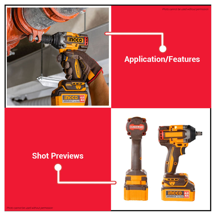 Buildmate x INGCO SOLO &amp; KIT W/ Battery 20V Brushless AI Cordless Impact Wrench 1/2in 550Nm Heavy Duty CIWLI2055 CIWLI20551 IPT
