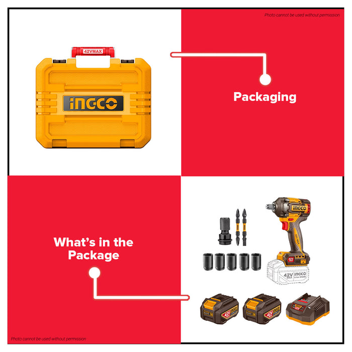 Buildmate x INGCO 42V Brushless Cordless Impact Wrench 1/2in 460Nm Heavy Duty Power Tool Kit CIWLI42462 IPT