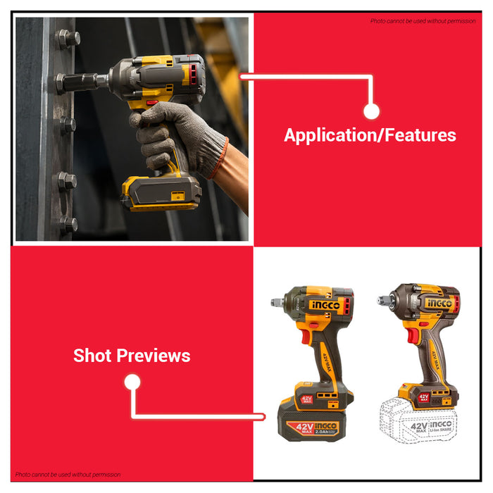 Buildmate x INGCO 42V Brushless Cordless Impact Wrench 1/2in 460Nm Heavy Duty Power Tool Kit CIWLI42462 IPT