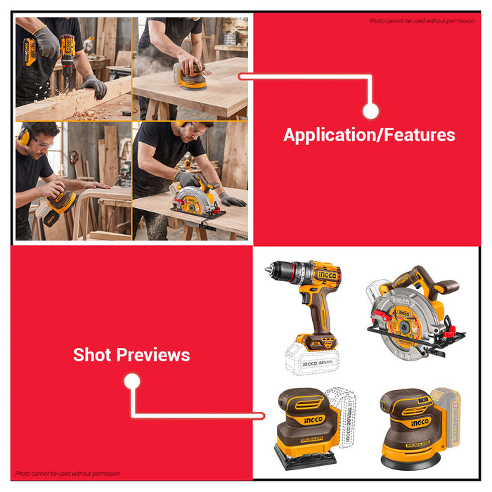 Buildmate x INGCO 20V 4 PCS COMBO KIT Drill Saw Sander Set w/ 2 Battery COSLI251083 IPT