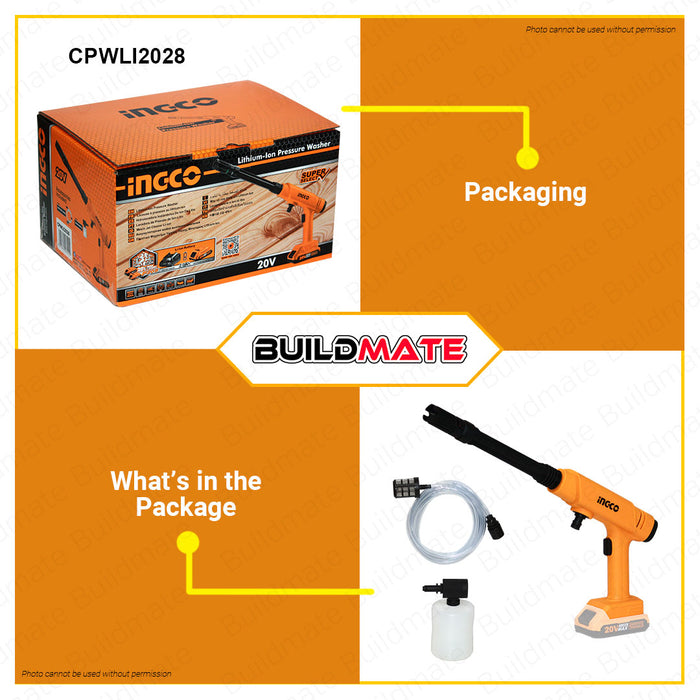 INGCO Lithium-Ion Cordless Pressure Washer 20V With Battery & Charger Cordless Car Washer Machine Power Spray Wash Sprayer Water Pump Portable Cordless Gun Portable Handheld Watering & Cleaning Water Gun CPWLI2028 | CPWLI20282 •BUILDMATE• ICPT