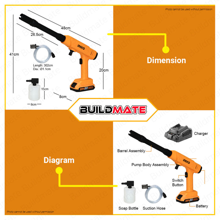 INGCO Lithium-Ion Cordless Pressure Washer 20V With Battery & Charger Cordless Car Washer Machine Power Spray Wash Sprayer Water Pump Portable Cordless Gun Portable Handheld Watering & Cleaning Water Gun CPWLI2028 | CPWLI20282 •BUILDMATE• ICPT
