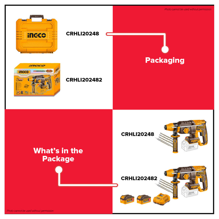 Buildmate x INGCO SOLO & KIT W/ Battery 20V Brushless Cordless Rotary Hammer 24MM SDS Plus Concrete Drill CRHLI20248 CRHLI202482 IPT