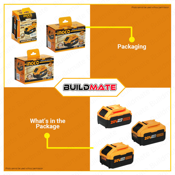 INGCO Lithium-Ion Li-Ion Battery Pack 20V 4.0Ah | 6.0Ah | 7.5Ah [SOLD PER PIECE] Compact Battery LED Battery Power Indicator Fast Intelligent Charger Power Tool Battery POWERSHARE FBLI2002 | | FBLI2060 | FBLI2075 •BUILDMATE• ICPT