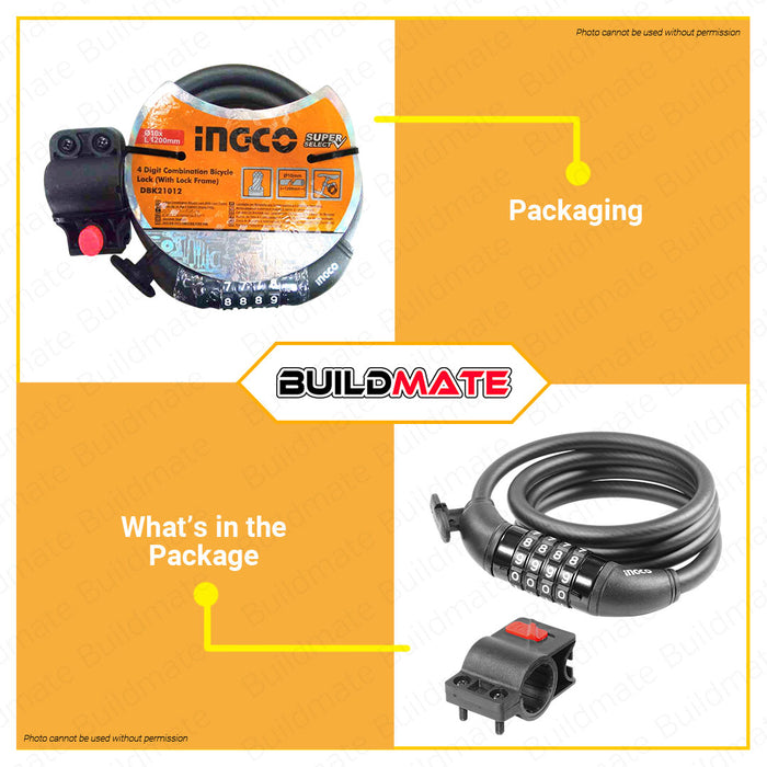 BUILDMATE Ingco 4Digit Combi Bicycle Lock with Lock Frame 10x1200mm Cable Coded Lock Anti-Theft Bicycle Bike Lock Security Coded Lock Combination Cable Lock DBK21012 • IHT