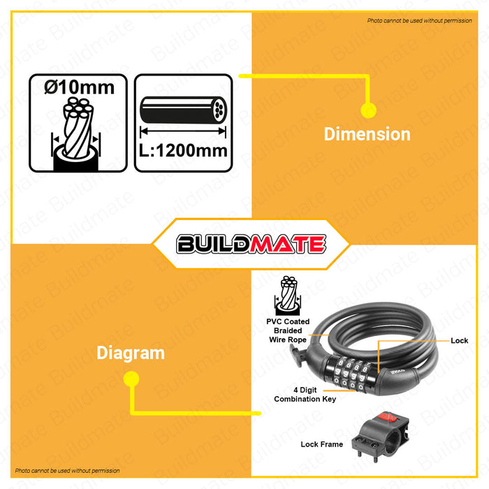 BUILDMATE Ingco 4Digit Combi Bicycle Lock with Lock Frame 10x1200mm Cable Coded Lock Anti-Theft Bicycle Bike Lock Security Coded Lock Combination Cable Lock DBK21012 • IHT