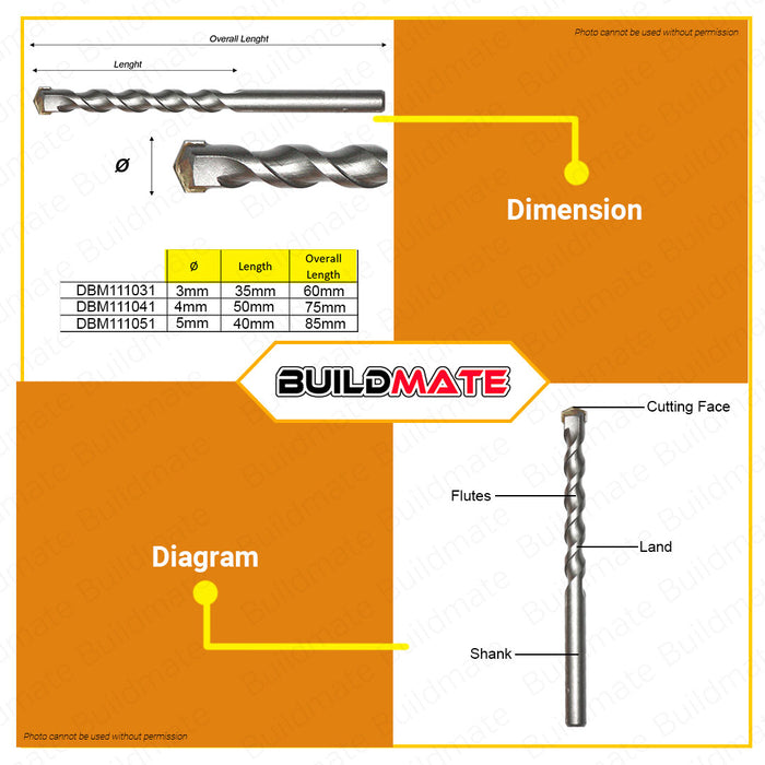 BUILDMATE Ingco Masonry Drill Bit 3mm | 4mm | 5mm [SOLD PER PIECE] Alloy Triangle Drill Bits Concrete Drill Bit Ceramic Tile Drill Bits Carbide Tip / Point Angle Multi-Function Metal Drill For Brick, Tile, Cement Hand Tool • HT2