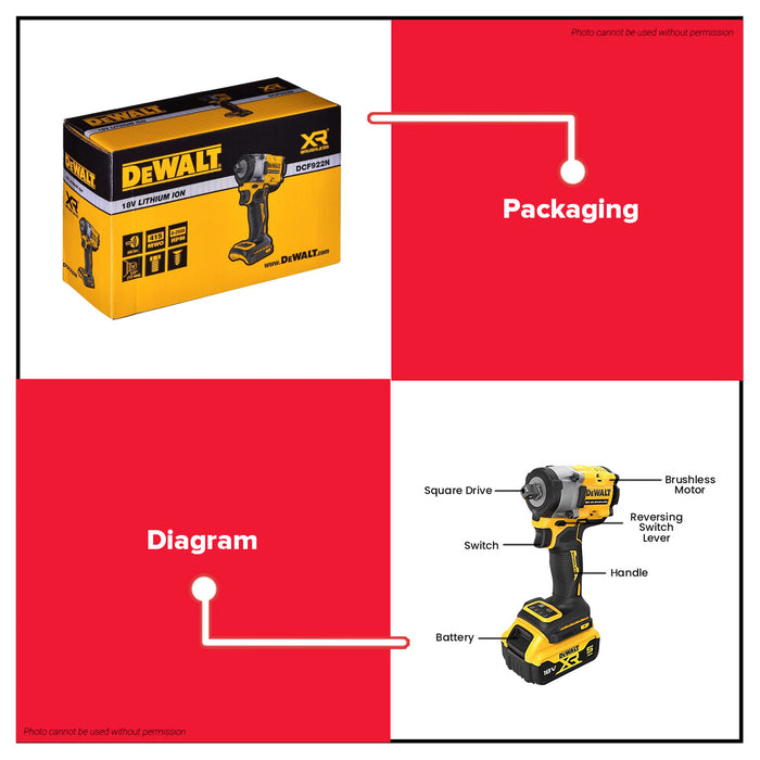 Buildmate x DEWALT ATOMIC 20V XR 10/2IN Max Brushless 610Nm Cordless Impact Wrench Pin (BARE) DCF922N-KR