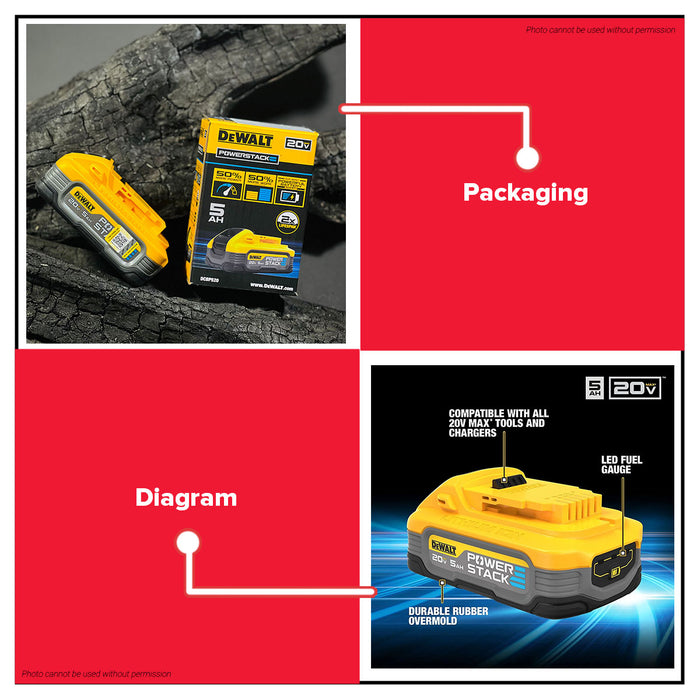 BUILDMATE x DEWALT 20V Max 5Ah Battery | Li-Ion Pack w/ Fuel Gauge, Durable Overmold Design DCBP520-B1