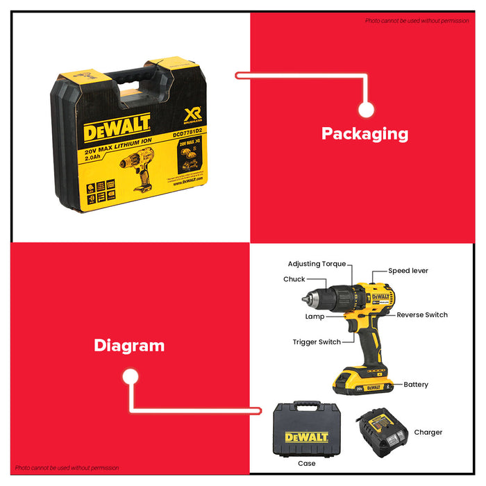 DEWALT 20V Brushless Hammer Drill Driver Kit | LED | 65Nm |  DCD7781D2-B1