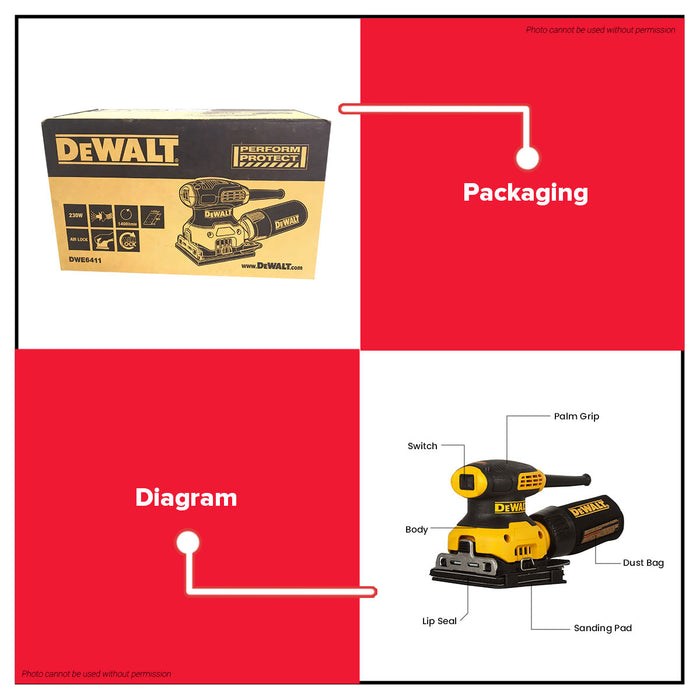 BUILDMATE x DEWALT 230W 1/4 Sheet Orbital Sander | 14,000 OPM, 1.6mm Orbit, Dust Bag DWE6411-B1