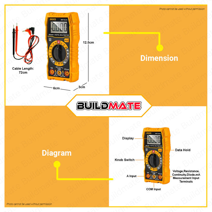 BUILDMATE Ingco Digital Multimeter Tester CAT.III 600V 1999C Multi Tester Multimeter Electric Tester DC Voltage Tester AC Voltage Tester DM2002 | DM6011 | 16PCS/SET Digital Multi Meter Clamp with Electricians Tools Set Screwdrivers COS23025 • IPT