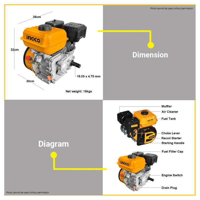 BUILDMATE Ingco 4-Sroke Industrial Marine Low Speed Gasoline Engine 6.5HP / 7.8HP Air-Cooled • IIT