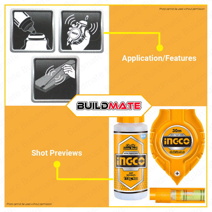 INGCO Chalk Line Reel Set Pitik 30M HCLR0130 •BUILDMATE Ingco Chalk Line Reel Set Pitik 30M With 113g Chalk Line Self-Chalking Snap-Line Chalk-Rite Line Level Chalk Bottle High Quality HCLR0130 | 100% ORIGINAL / AUTHENTIC • IHT• IHT