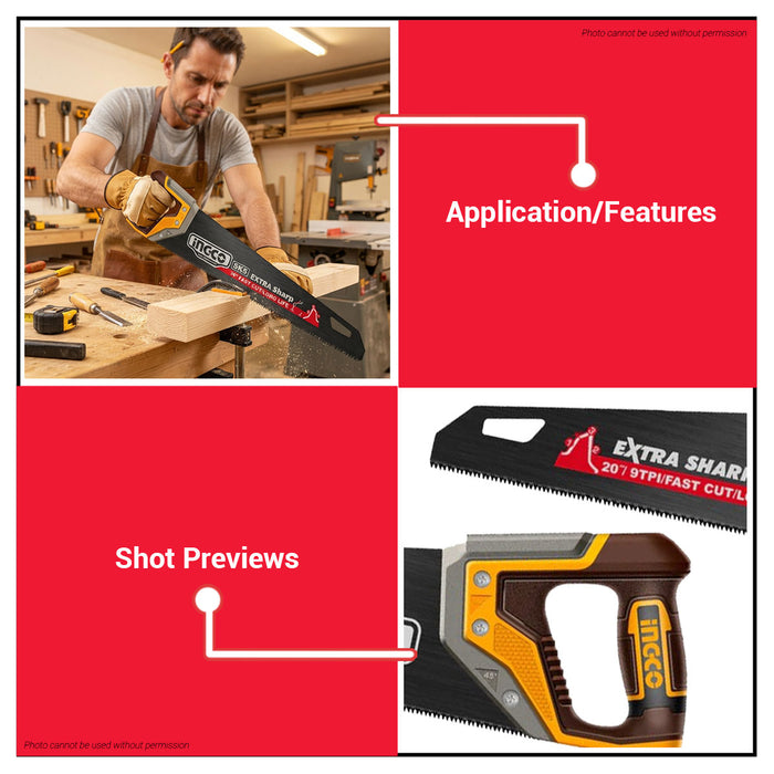 Buildmate x INGCO Hand Saw 20in 500mm SK5 Steel Wood Cutting Saw 9TPI Heavy Duty Handsaw HHAS68500 IHT