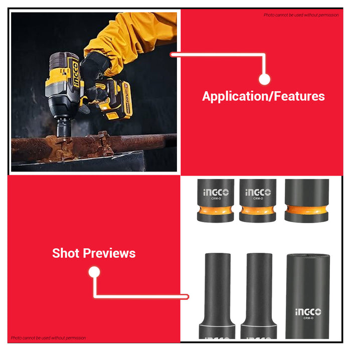 Buildmate x INGCO 14PCS 1/2in Drive Deep Impact Socket Set 10-27mm Cr-Mo Heavy Duty Impact Wrench Sockets HKISSD12143L IHT