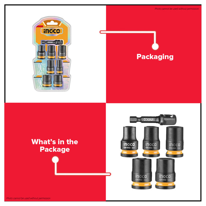 Buildmate x INGCO 6PCS 3/8in Drive Impact Socket Set 8mm 10mm 12mm 13mm 14mm with Hex Adapter Cr-Mo HKISSD38061 IHT