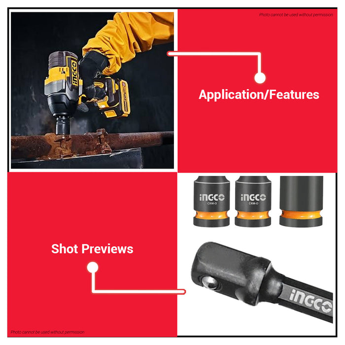Buildmate x INGCO 6PCS 3/8in Drive Impact Socket Set 8mm 10mm 12mm 13mm 14mm with Hex Adapter Cr-Mo HKISSD38061 IHT