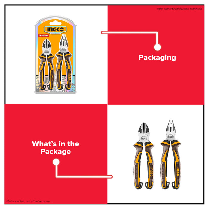 Buildmate x INGCO 2PCS Pliers Set 8in Combination Pliers and 7in Diagonal Cutting Pliers Cr-V Steel HKPS28216 IHT