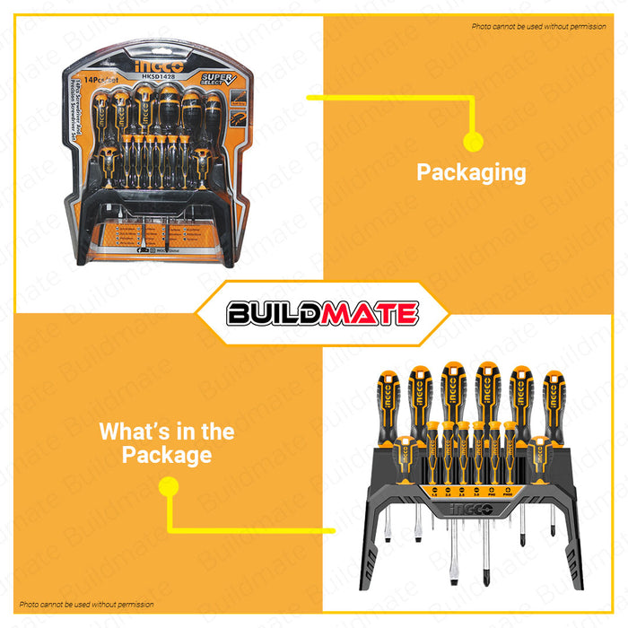 BUILDMATE Ingco 14PCS Screwdriver and Precision Screwdriver Set SS Flat & Slotted Screwdriver Hand Tools Repair Tools Kit Set Phillip & Slotted Screw Driver Electrical Work Repair Tool Set HKSD1428 | 100% ORIGINAL / AUTHENTIC • HT2