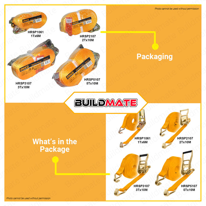 BUILDMATE Ingco Ratchet Straps 6M | 10M [SOLD PER PIECE] Tie Down Straps Belt Motorcycle Straps Cargo Straps for Trucks Safety Lock with Ratchet & Double J Hooks • IHT